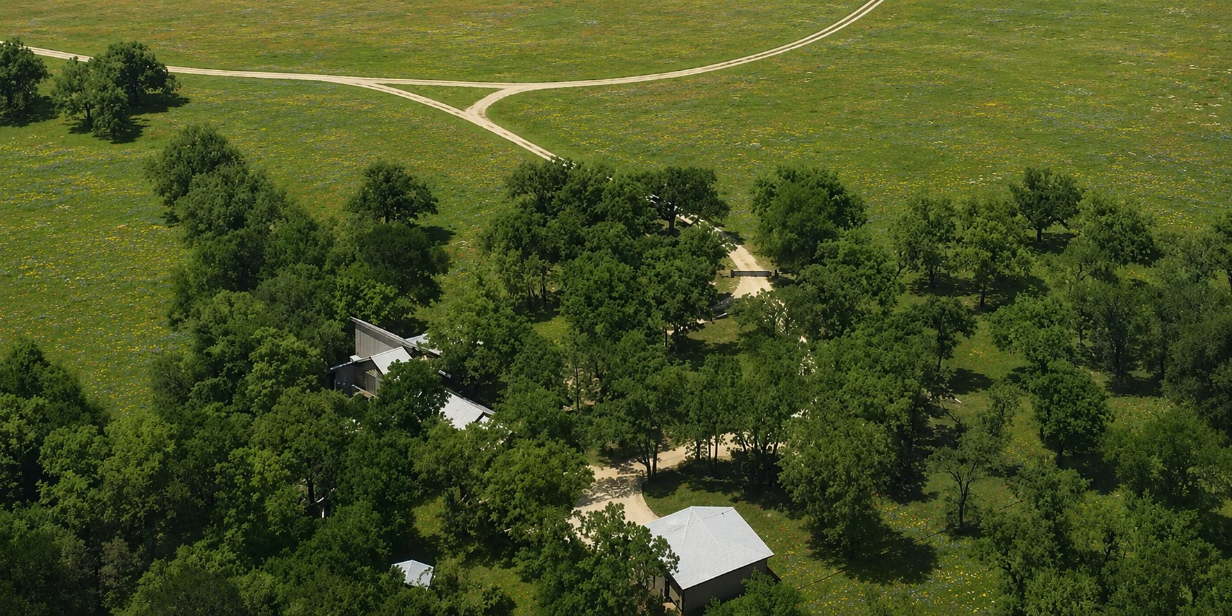 Aerial — main house surrounded by wildflowers