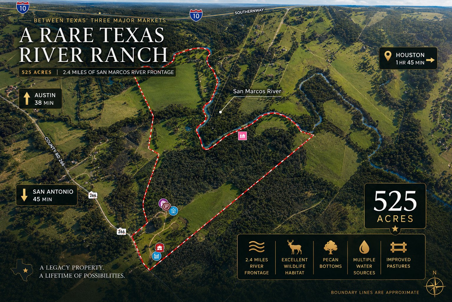 Property map — 525 acres, 2.4 miles San Marcos River frontage