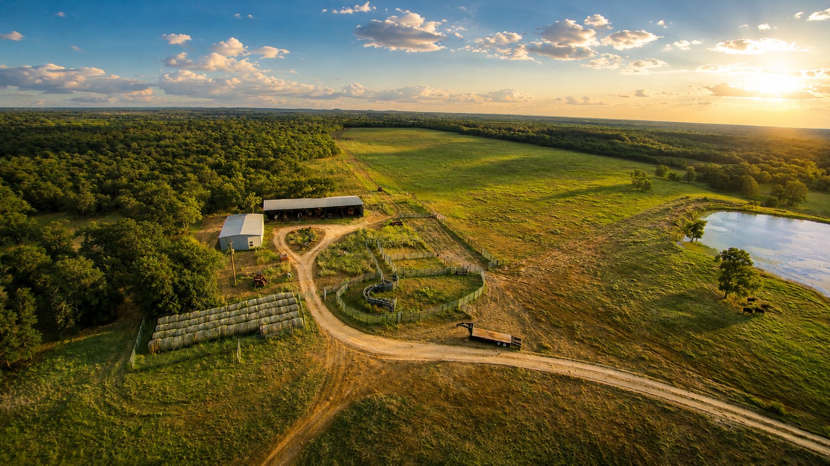 Ranch barns and working pens at sunset