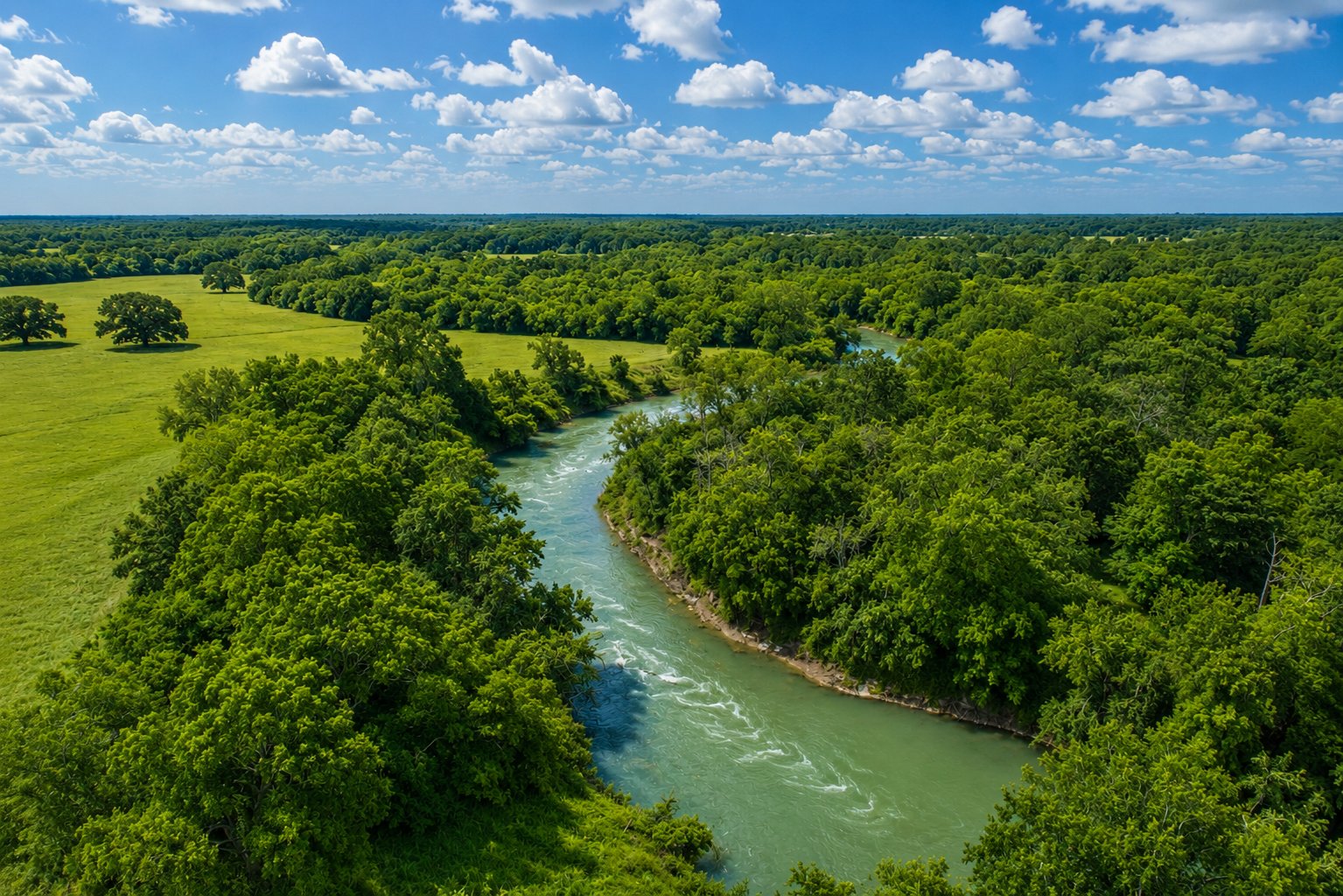 Aerial — winding San Marcos River